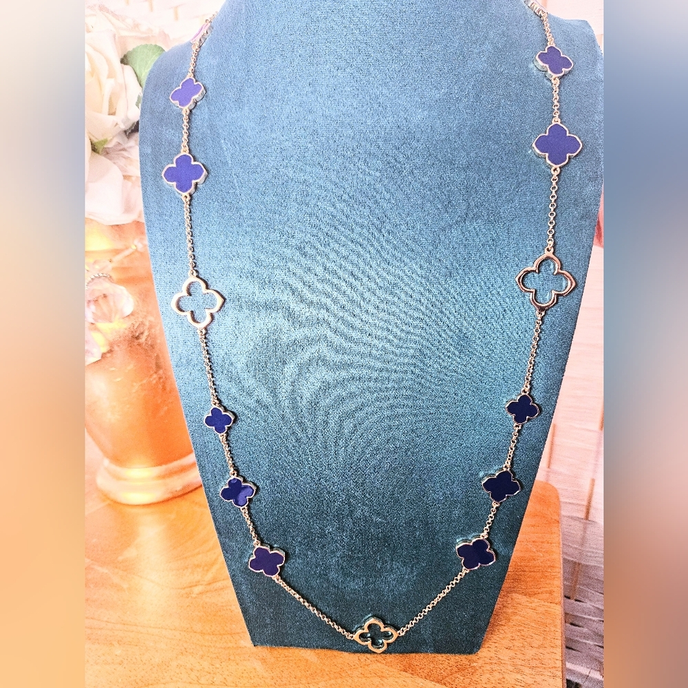 Brand new 20k GP Clover Necklace, Navy Blue Four Leaf Clover- 38"L